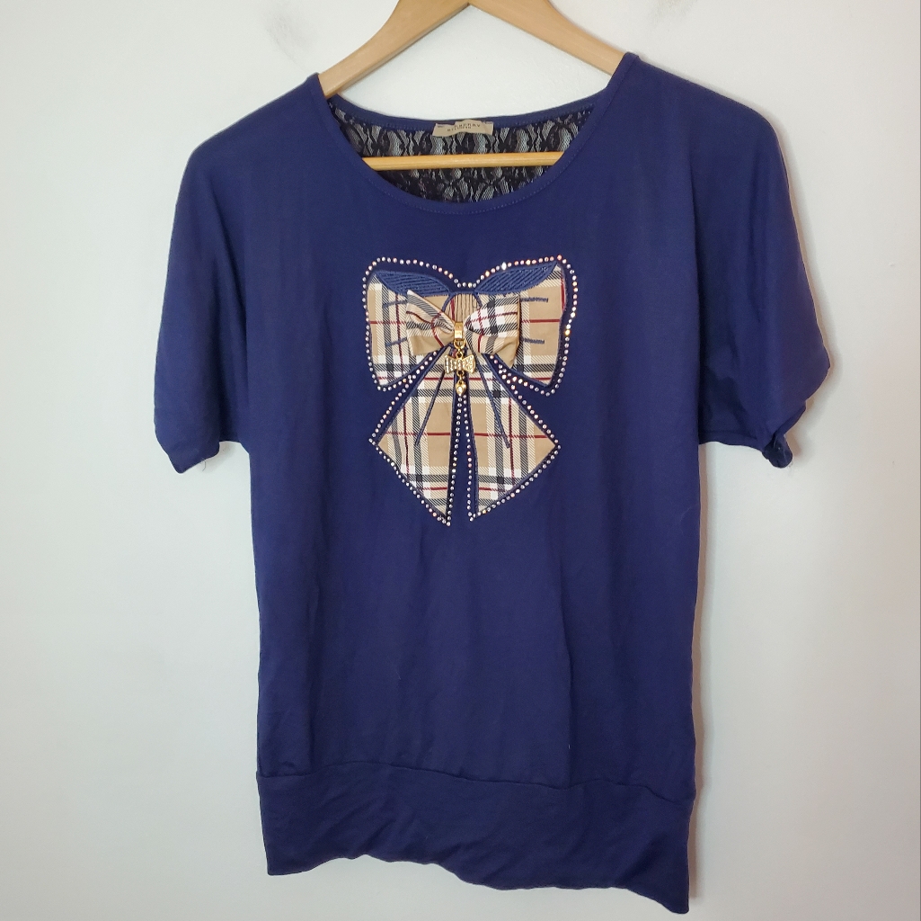 Nwot Burberry Check Bowtie Blouse Navy Lace Back L